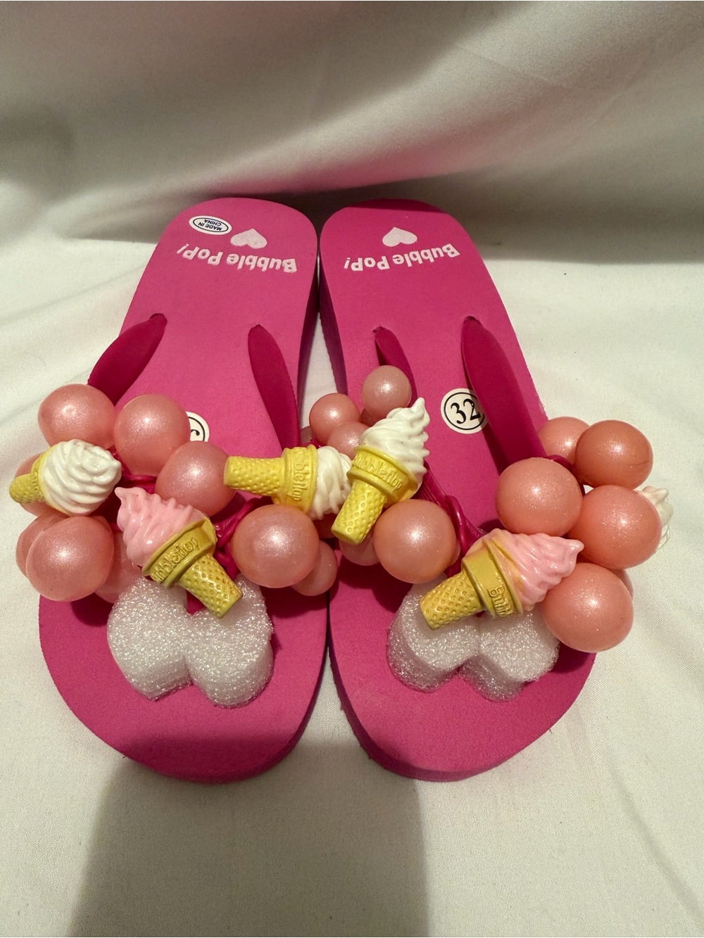 Bubble Popi Pink Ice Cream Beaded Flip Flop Kids Size 32 NWT
